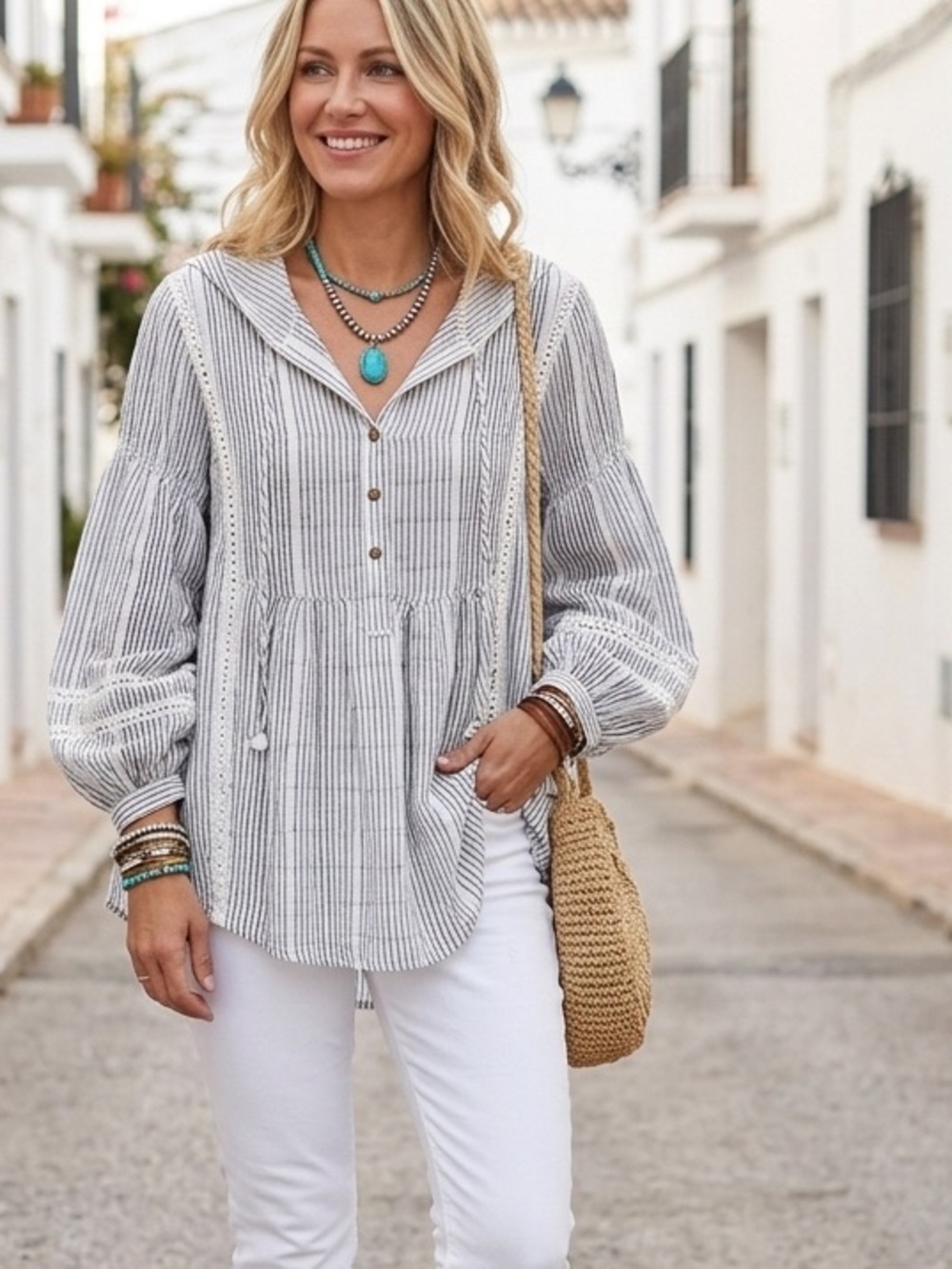 Free People Striped Hooded Peplum Boho Cotton Blend Long Sleeve Top Medium